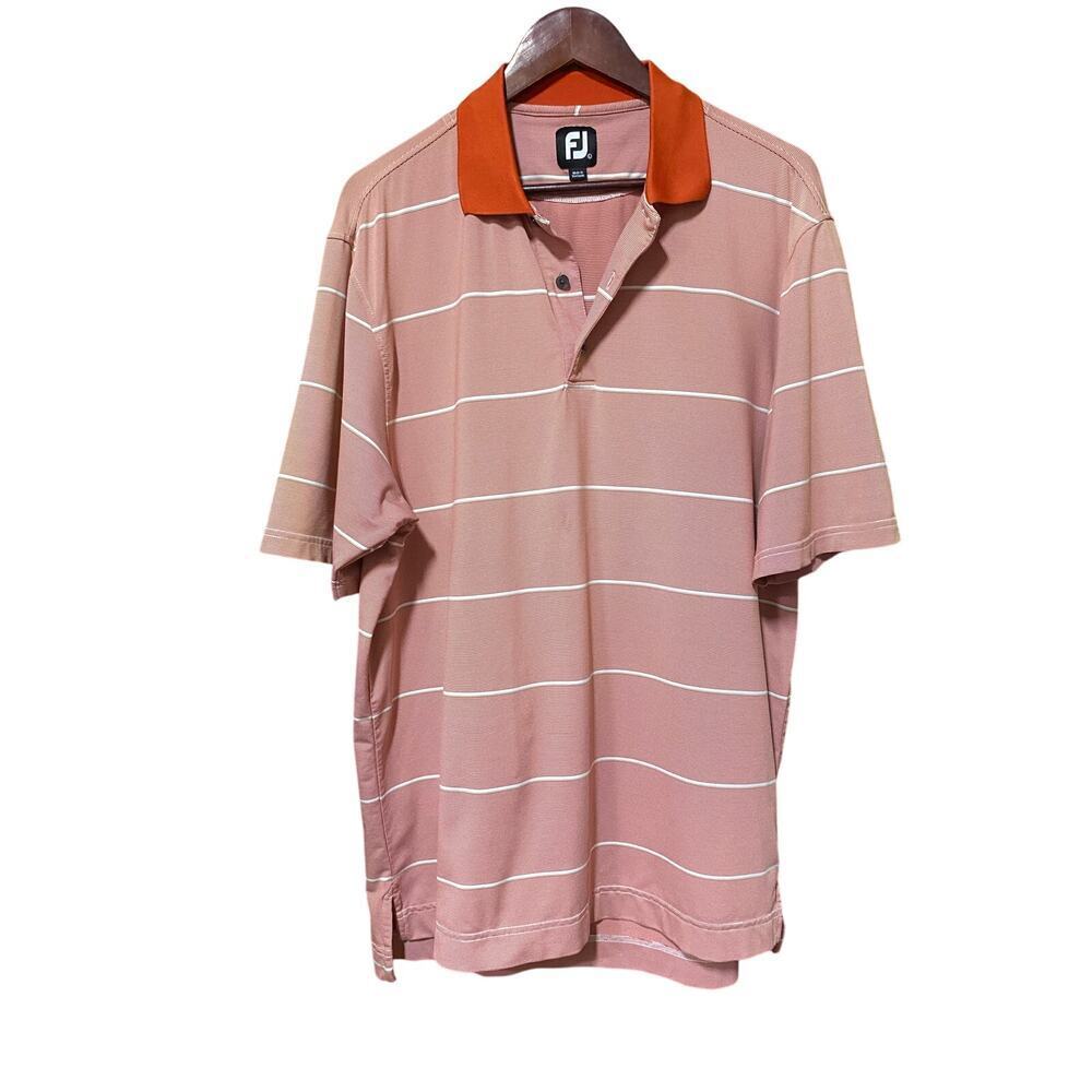 Footjoy Polo‎ Shirt Men's Large Peach & white Striped Orange Collar Golf Outdoor
